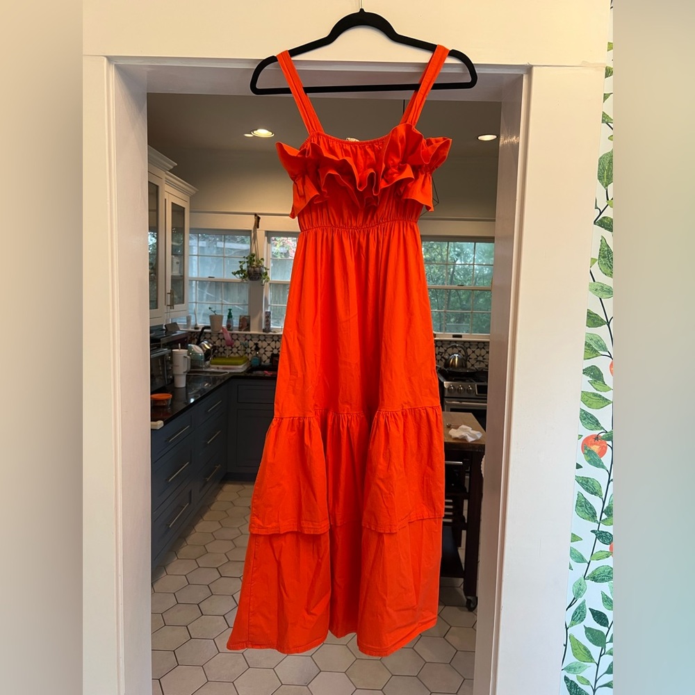 Vibrant Orange Maxi Dress with Ruffle Detail